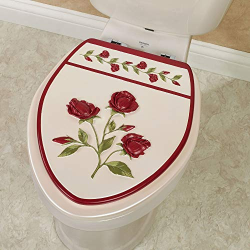 Touch of Class Vining Rose Elongated Toilet Seat - Resin with Metal Hinges - Red, Green - Decorative Lid Cover for Bathroom Decor - Painted by Hand - Rose Blooms Design - Rust Resistant