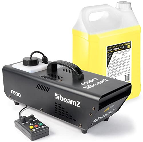 BeamZ F900 Hazer Pack de máquina de niebla + 5 litros de líquido de niebla, 900 W con mando a distancia, depósito de 900 ML, temporizado, generación de niebla constante, teatro, DJ, fiesta