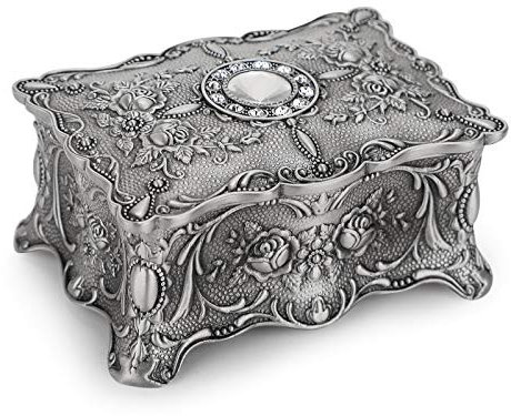 IGNPION Vintage Jewellery Box Small Jewelry Display Case for Ring Necklaces Earrings Trinket Storage Organizer Case Antique Silver Mini Keepsake Box