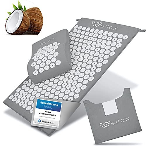 Wellax [Das Original] - Akupressurmatte mit Kissen - Gefüllt mit 100% Kokosfasern - Löst Verspannungen & fördert Durchblutung - Massage Matte mit Akupressurkissen - Ausgezeichnet von Vergleich.org