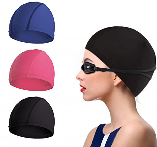NITAIUN 3 Sücke Elastische Badekappen Polyester Badekappe Komfortable Stoff Badehut Leichte Badekappen Unisex Schwimmkappe für Herren Damen Lange Kurzes Haar Dauerhaft 3 Farben Einheitsgröße (3 Sücke)