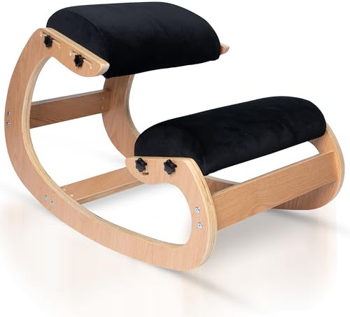Ecordesk Ergonomischer Kniestuhl, verstellbarer Sitz - Bürostuhl für Schreibtisch, Haltungskorrektur, Premium-Komfortkissen, Schaukelkniestuhl aus Holz (schwarz)