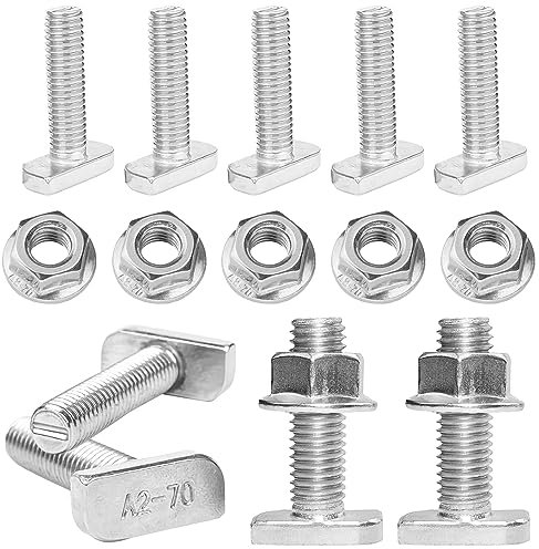 Pack con 20 tornillos de cabeza de martillo M10 x 25 de acero inoxidable A2-70 con tuercas dentadas de bloqueo para invernadero, perfil de aluminio fotovoltaico, soporte de panel solar, etc