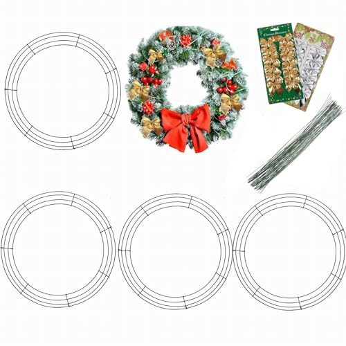4 Pieces Christmas Wire Wreath Frame(14Inch),ENLAYER Metal Frame Dark Green Round Wreath with 12 Golden Bow Tie,12 Silver Bow Tie, 100 Lengths of 5.9-Inch Gauge Paddle Wire for Crafts
