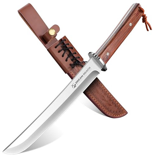 Dream Reach Outdoor Survival Messer - Full Tang Messer klinge feststehend, Scharf Machete mit Lederscheide, Jagdmesser Outdoor mit Rosenholz Griff für Camping Wandern Angeln