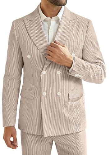 Seersucker Summer Suit Mens 2 Piece Blazer Pants Set Beach Wedding Outfit for Men Classic Fit Casual Sear Sucker Suit for Grooms Prom Party Khaki L