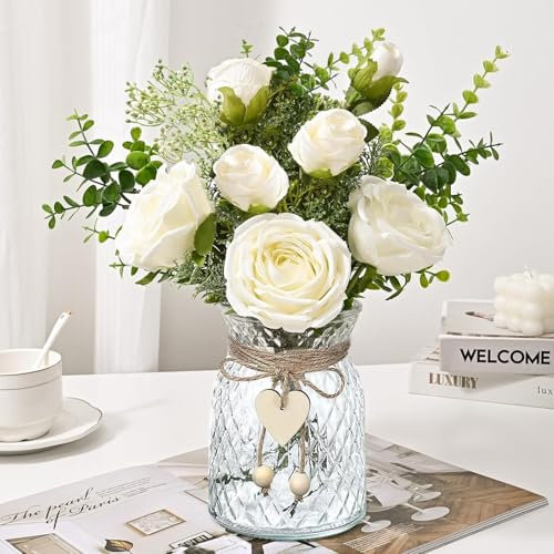 Duscdesp Artificial Flowers in Vase,Artificial White Rose Flowers Table Centrepiece Faux Flowers,Decorative Artificial Flowers with Vase Home Kitchen Office Coffee Decorations(White)
