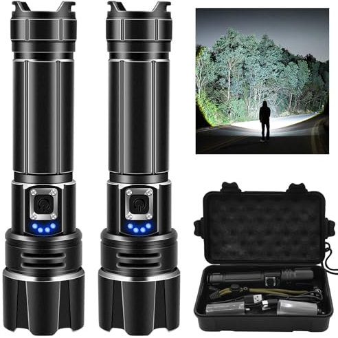 Torcia led potente professionale, Set da 2 Pezzi 30.000 lumen Torce tattiche multifunzionali luminose XHP70.2 con 5 modalità, IP67 Torce LED Alta Potenza Ricaricabili Per Campeggio Trekking Emergenza