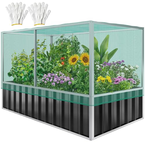 YITAHOME Orto Rialzato da Esterno 174x90x88CM con Struttura di Rete Anti-uccelli, Letti Rialzati in Metallo per Esterni con Guanti e Telaio Rinforzato per Piante, Verdure, Fiori (Grigio Scuro)