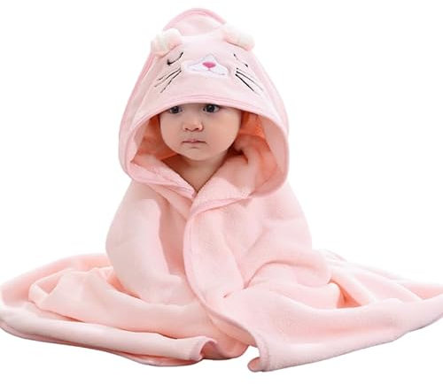 HAGOT Hooded Towel for Babies, 80 x 80 cm, Baby Bath Towel, Baby Bath Towel Made of Coral Fleece, Babies Newborns, Pink