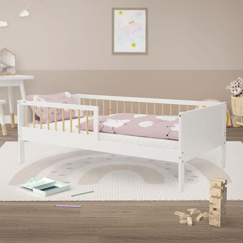 ML-Design Letto per Bambini e Bambine 80x160 cm Bianco-Naturale Lettino Singolo in Legno Massiccio con Rete a Doghe e Protezione Anticaduta Letto per Giovani in Legno di Pino