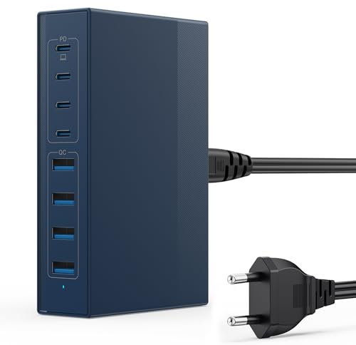 Cargador USB C Multiple 200W, 8 Puertos GAN III Enchufe de Pared USB C, 65W Carga Rapida Portátil Cargador Adaptador con 4 Tipo-C y 4 USB-A para MacBook Air/Pro, iPhone, iPad Pro, Samsung etc-Azul