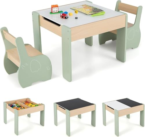 FANTASK Kindertisch mit 2 Stühlen, 3 teilige Kindersitzgruppe aus Holz mit wendbarer & abnembarer Tischplatte, Grün