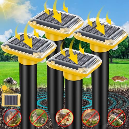 JNKNT Ultrasonic Mole Repellent Outdoor, Solar-Powered Gopher Repellent for Lawn Yard and Garden, Waterproof Mole Killer Traps, Effectively Repels Gopher Snake Vole Groundhog, Yellow-4 Pack