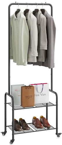 YMYNY Coat Rack, Clothes Rack Metal, Freestanding Garment Rack Trolley Rolling Cart on Wheels, Heavy Duty Clothing Rail, Cloth Hanger Display Stand With 2 Tier Storage Shelf 61×32×176CM Black HGR002B
