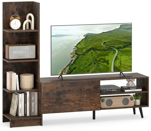 COSTWAY TV Stand Cabinet for 50 Inch TVs, Wooden Media Entertainment Center with Bookshelf, Adjustable Shelf and Door, 140cm TV Unit Media Console Table for Living Room Bedroom (Rustic Brown)