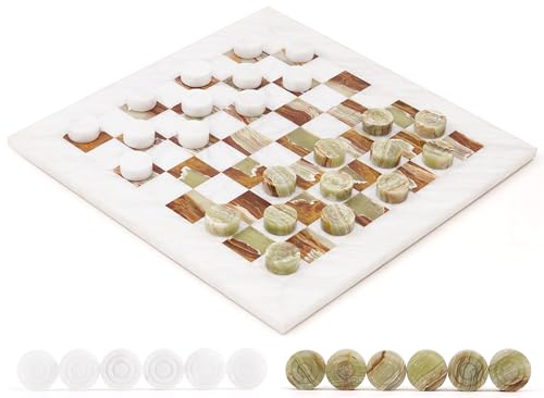 Radicaln Marble Checkers Set 15 tum Vit och grönt Onyx Handgjorda rutbrädspel & utkast för utomhusresespel, idealiska stenschack och rutbrädspel för vuxna