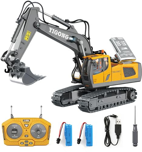 DUKUSEEK 1:20 Scale RC Excavator, Mini RC Construction Models with 2 Rechargeable Batteries, Light & Sound, 9 Channel 2.4 GHz Remote RC Building Toy Gifts