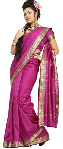 Indian Selections - Viola Rosso Arte Seta Sari tessuto Sari India Golden Border