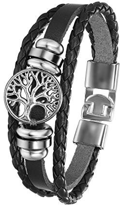 Flongo Herrenarmband Männer Frauen Armband Damen Lederarmband, Metall Leder Armband Armreif Geflochten Lederband Baum des Lebens Tree of Life Schwarz Surfer Wickelarmband
