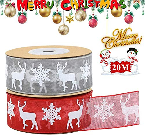 Nastri Natalizi, 2 rotoli Nastro Organza Rosso Grigio Nastro Regalo di Natale con Alce Fiocco di Neve, 20M Nastri Decorativi Natalizi per Confezioni Regalo/fiocchi/Artigianato/albero di Natale(25mm)