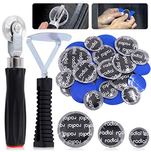 GLARKS G-2433 25Pcs Tire Repair Tool Kit Including Tire Patch Roller, Tire Inner Liner Scraper and Round Natural Rubber Tire Puncture Practical Car Tire Repair Tool for Car Truck Bike