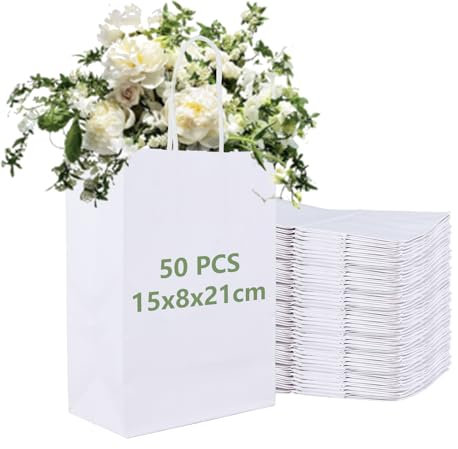 AKOLAFE 50 Stück Papiertüten Weiß mit Henkel 15x8x21 cm Geschenktüten Klein Geschenktüten Papier Papiertüte Papiertaschen für Hochzeiten, Weihnachten