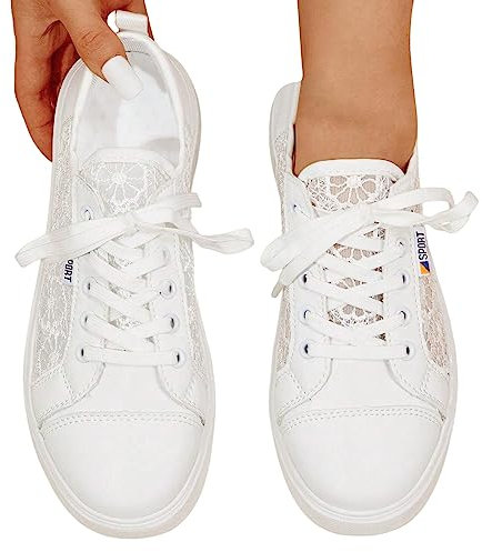 Freizeitschuhe Damen Bestickte Sneaker Spitze Atmungsaktive Stoffschuhe Elegante Frauen Schnürhalbschuhe Laufschuhe Leicht Sportlich Flache Schuhe Walkingschuhe
