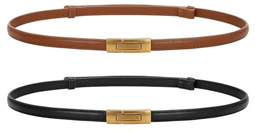 LEACOOLKEY Women Skinny Belts Leather Thin Waist Belts for Dress Ladies Belts with Gold Buckle