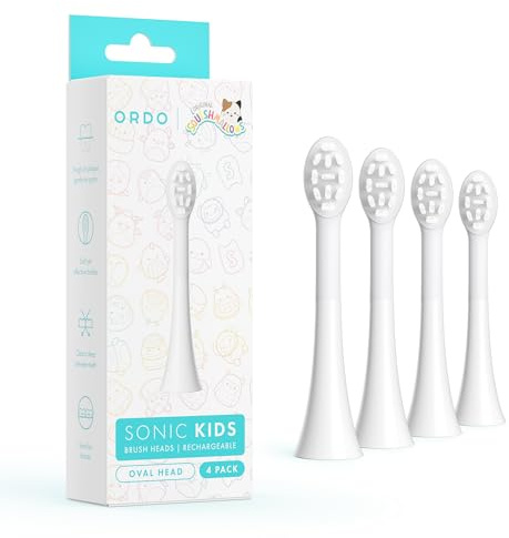 ORDO Sonic Squishmallows Kids Toothbrush Heads for Electric Rechargeable Toothbrush, Soft Bristles, for Children Ages 4 and Up, White (Pack of 4)