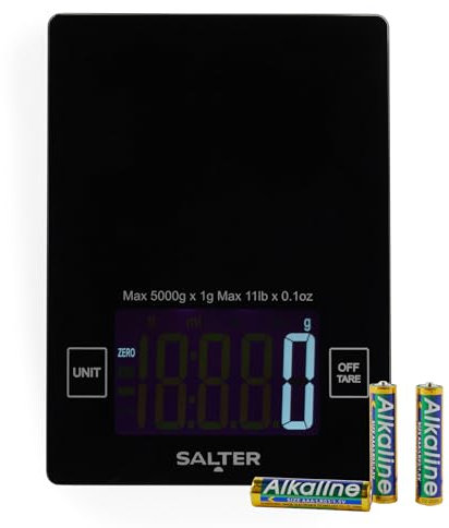 Salter Küchenwaage mit hoher Kapazität – 10 kg Kapazität, große Digitalanzeige, Funktion Zero, misst Flüssigkeiten, Glasplattform, Lebensmittelwaage, elektronische Koch-/Backwaage, SA00644FEU12