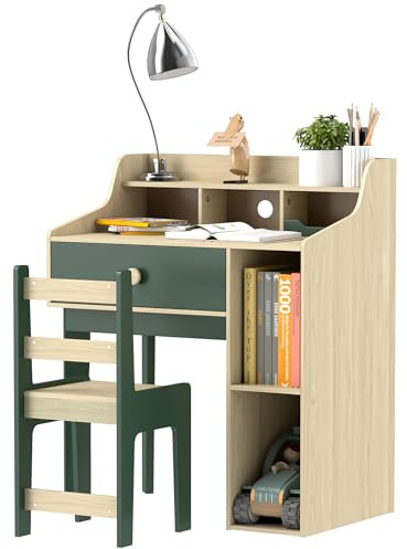 AIYAPLAY Kids Desk and Chair Set, Children Study Table and Chair Set with Hutch, Drawer, Storage Shelves for Studying, Reading, Drawing, for Ages 3-10 Years, Green