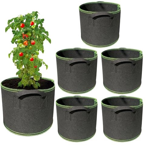 Tkxjry Lot de 6 sacs de plantation, 11 l, en tissu non tissé, avec poignées, pour tomates, pommes de terre, légumes, fleurs, balcon, jardin, serre (noir)