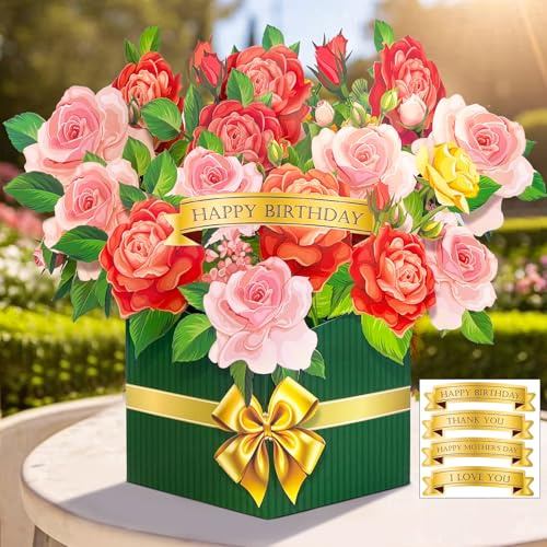 Happivue Pop Up Birthday Cards for Women, Bouquet Birthday Gifts for Female | 3D Popup Rose Bouquet Greeting Cards for Mum Daughter Wife Sister Grandma, Gift for Anniversary, Mother's Day, Thank You