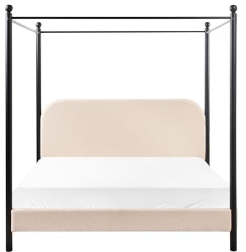 Lit à Baldaquin Minimaliste en Bouclé 160 x 200 cm Cadre Métallique Noir Lattes Bois de Peuplier Beige Dannemois