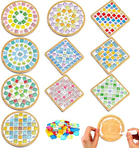 10 Sets DIY Mosaic Coaster Kit, Glass Tiles Coasters for Crafts, Mixed Color Mosaic Set with Wooden Coasters for Adults, Drinking Cup Coaster Making Kit for Handmade Home Decor Gifts
