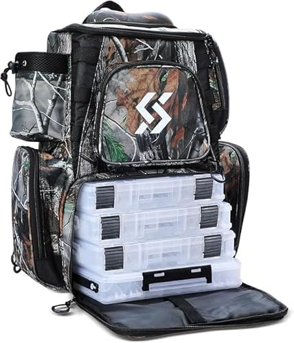 yun nong Wasserdichter Angelausrüstungsrucksack mit 4 abnehmbaren Angelschalen und Regenschutz,große Kapazität,für Süß- und Salzwasserangeln,Camping,Wandern (Tarnmuster), grün,Camouflage (Tarnung)