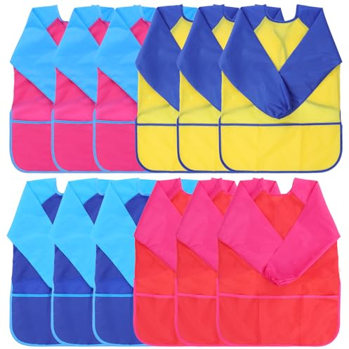 Aphumedc 12 Pack Kids Art Smocks, Waterproof Toddler Painting Aprons With Long Sleeve And 3 Pockets for Age 5-8 Years, About 120cm