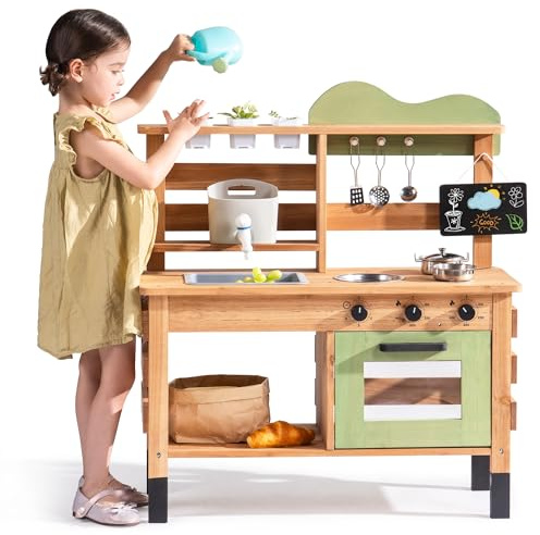 ROBUD Cocina de barro para niños al aire libre, cocina de juguete de madera con grifo auténtico, hervidor de agua, macetero, horno, pizarra, cocina infantil, regalo de madera para niñas y niños a