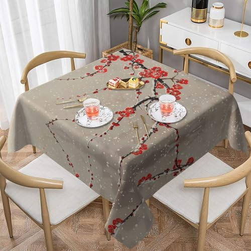 VVXBHGR Mantel decorativo cuadrado con estampado de flores de ciruelo bajo la nieve, 54 x 54 pulgadas, impermeable, resistente a las arrugas, reutilizable para cafeterías, bufés, picnics, bodas
