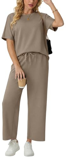 GRECERELLE Airport Two Piece Outfits Lounge for Women Tracksuit Womens Full Set Summer Short Sleeve Casual Crew Neck Cap Sleeve Tops and Jogging Bottoms with Pockets (Khaki, L)