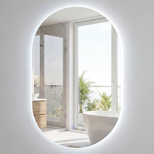 COSTWAY Badrumsspegel med belysning, badrumsspegel med bakbelysning, väggspegel med 3-färgstemperaturer, anti-dimningsfunktion och HD-glas, badrumsspegel oval för sovrum, badrum (80 x 50 cm)