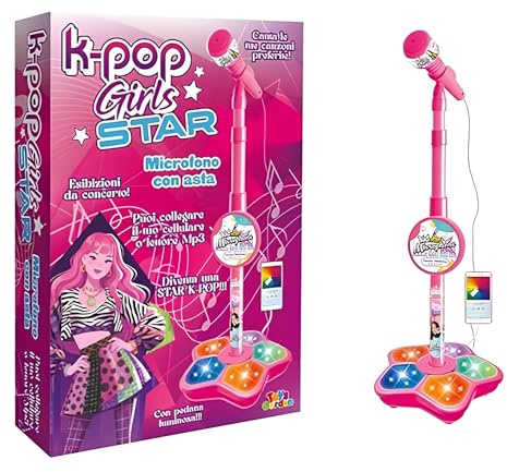 Microfono Karaoke K pop Idols Stars con Asta Regolabile e Pedana Luminosa con Connessione MP3/Smartphone, Giocattolo per Bambine 100 cm, Luci LED Colorate - idea regalo