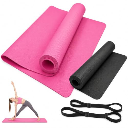 3mm Yoga Mat with Carry Strap, 173 x 61cm Lightweight Exercise Fitness Pilates Stretching Gym Mat, Pink or Black, Colour: Black