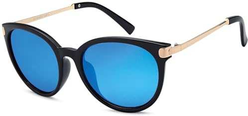 styleBREAKER Damen Sonnenbrille in Katzenaugen Cat-Eye Form, Kunststoff Vollrand Gestell und Metall Bügel 09020073, Farbe:Gestell Schwarz-Gold/Glas Blau verspiegelt