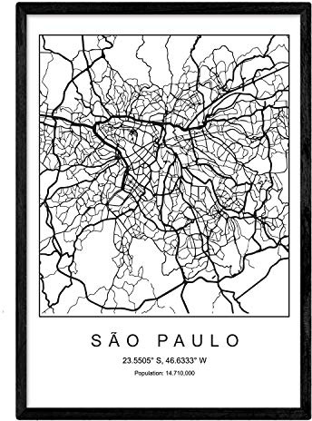 Nacnic Lámina mapa de la ciudad Sao paulo estilo nordico en blanco y negro. Poster tamaño A4 Sin marco Impreso papel 250 gr. Cuadros, láminas y posters para salon y dormitorio