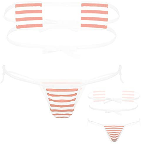 YOOJIA Mikrobikini sexig dam kärlek/randigt mönster sexig tvådelad baddräkt dam micro stringtrosa dam sexig slingshot G-stringtrosa tangas, Rosa och vit, One Size