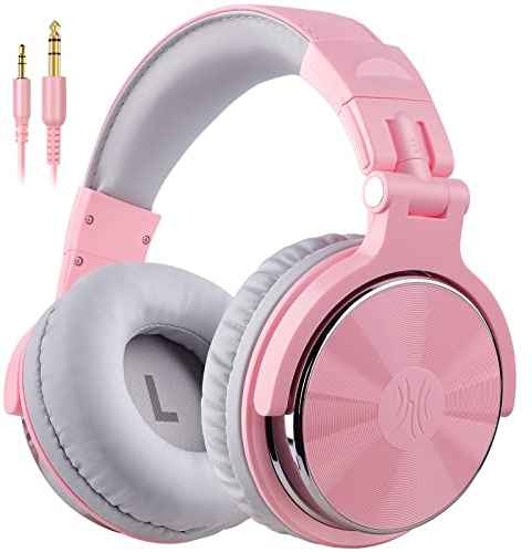 OneOdio Over Ear-hörlurar med kabel, 50 mm drivrutin, basklängd, 6,35 & 3,5 mm uttag, Share-port, stängda studio-hörlurar för DJ, podcast, bildskärm, mobiltelefon, PC, MP3/4 (Pro-10 rosa)