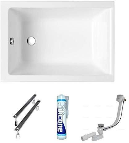 ECOLAM® Badewanne Capri Mini Polimat kleine Wanne Rechteck Acryl weiß 100x70 cm + Ablaufgarnitur Ab- und Überlauf Automatik Füße Silikon