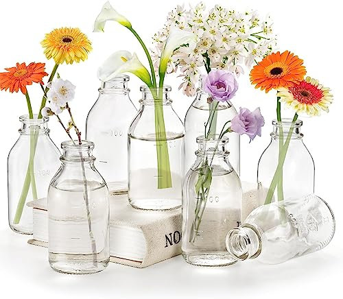 Okllen 12 Pcs Glass Bud Vase, Small Milk Bottle Flower Vases Decorative Glass Bottles, Vintage Bud Vases Centerpiece for Home Decor Wedding Reception, Clear